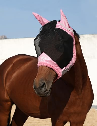 Harrison Howard Horse Fly Mask UV Protective Fine Mesh with Extra Wool Soft Touch on Skin Fly and UV Protection Light Pink-Black S - color: Light Pink-Black, size: S