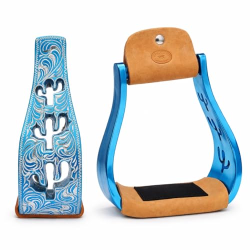 CHALLENGER Horse Western 5" Slanted Offset Angled Cactus Engraved Aluminum Show Stirrups 51243 - color: Turquoise Cactus