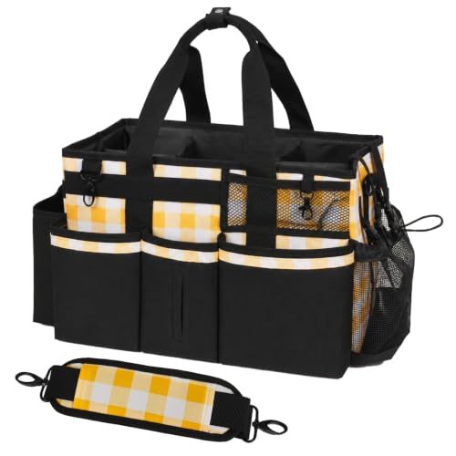 SCAVATA Wearable Cleaning Caddy, Cleaning Caddy Supplies Organizer with Handle & Shoulder Straps for Housekeepers, Under Sink & Car Cleaning Tool Organizers Bag with 4 Foldable Divider (YellowPlaid) - color: YellowPlaid