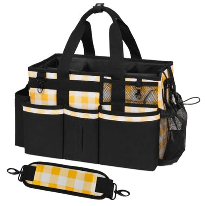 SCAVATA Wearable Cleaning Caddy, Cleaning Caddy Supplies Organizer with Handle & Shoulder Straps for Housekeepers, Under Sink & Car Cleaning Tool Organizers Bag with 4 Foldable Divider (YellowPlaid) - color: YellowPlaid