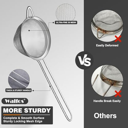 Walfos Small Fine Mesh Tea Strainer, Mini Stainless Steel Sieve with Handle, 2.7 Inch Kitchen Metal Sifter Strainers for Tea, Juicing, Coffee, Cocktail, Powdered Sugar, Matcha (2 Pack) - size: 2.7" (2pcs)