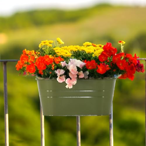 3 Pack Metal Railing Planters, 10.5" Oval Hanging Flower Pots with Detachable Hooks & Drainage Holes, Fits Rails up to 2.36", Galvanized Iron Fence Bucket for Balcony Garden Patio - Green - color: Green, size: 3 Pack, 10.5"L x 5.7"W x 4.7"H