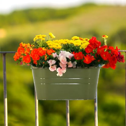 3 Pack Metal Railing Planters, 10.5" Oval Hanging Flower Pots with Detachable Hooks & Drainage Holes, Fits Rails up to 2.36", Galvanized Iron Fence Bucket for Balcony Garden Patio - Green - color: Green, size: 3 Pack, 10.5"L x 5.7"W x 4.7"H