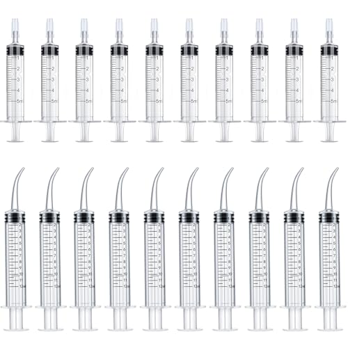 Wisdom Teeth Syringe Set, 20 Pack Oral Syringes, 12ml Dental Syringe with Curved Tip, 5ml Irrigation Syringe with Cap, Colostrum Collector Syringes, Plastic Syringe for Liquid