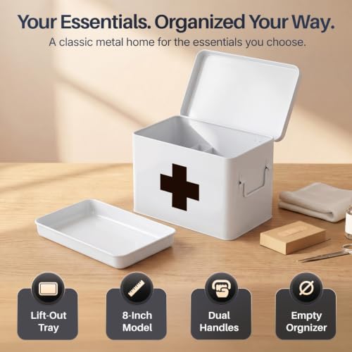 Flexzion Large Metal First Aid Box Empty, 8.5-Inch, White with Black Cross - color: White - Black Cross, size: 8.5 Inch without Latch Lock