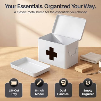 Flexzion Large Metal First Aid Box Empty, 8.5-Inch, White with Black Cross - color: White - Black Cross, size: 8.5 Inch without Latch Lock