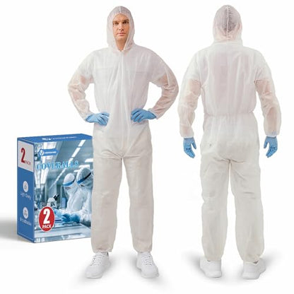 Hazmat Suits,10 Colors Options Disposable Protective Coveralls, Paint Suit with Elastic Wrists Ankles and Hood - color: 2 Pack White, size: Large