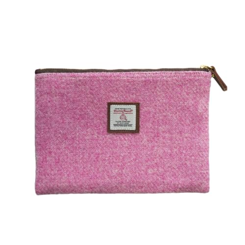 Harris Tweed Handmade Wool Zip Pouch with YKK Zipper Organizer Bag - color: Pink, size: Large