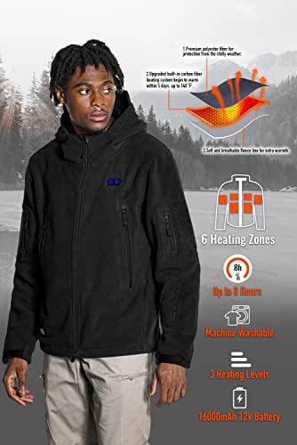 ANTARCTICA GEAR Heated Jacket with 12V 16000mAh Battery Pack, Polar Fleece Coat for Men Women, Fit Zip Hood Winter Jacket - color: Black, size: Medium