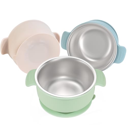 Bella's Friends Life Baby Bowls with Suction Stainless Steel and Silicone, 4.3” for Toddlers Kids Feeding, Non-Slip, Non-Toxic, Mess-Free, Dishwasher Safe, Fit High Chair Size, 3 Pack - color: blue, green, beige