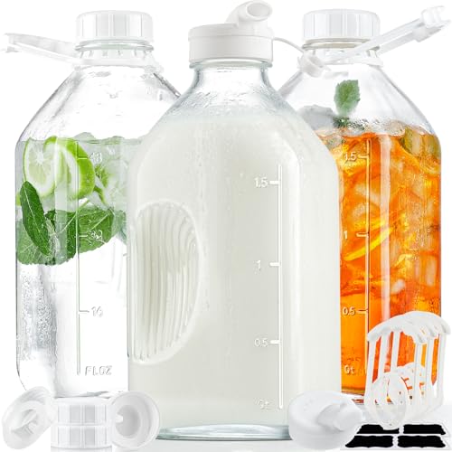 Syntic 3 Pack 64 Oz Glass Milk Bottles with Lids,2 Pour Spouts | Airtight Design with 2 Pour Spouts Extra Lids & Handles for Juice, Milk,Breast Milk Storage,Beverage Storage & Fridge Use - style: 3 Pack