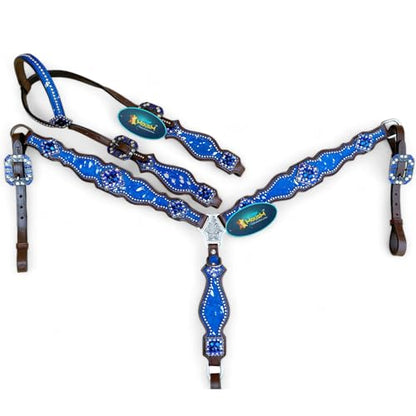 Western Leather Headstall & Breast Collar Set for Horses - Valentine’s Day Silver Metallic Cowhide with Rhinestones - color: Royal Blue