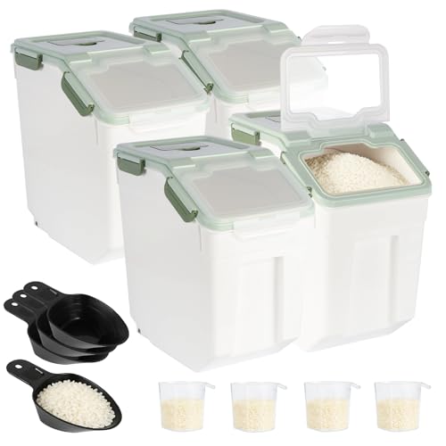4 Pack Rice Container 25 lbs Large Bulk Flour Sugar Storage Holdhouse Plastic Grain Cereal Dry Goods Bin with Spoon and Measuring Cup for Kitchen Pantry Organization - Green - color: Green, 4 Pack