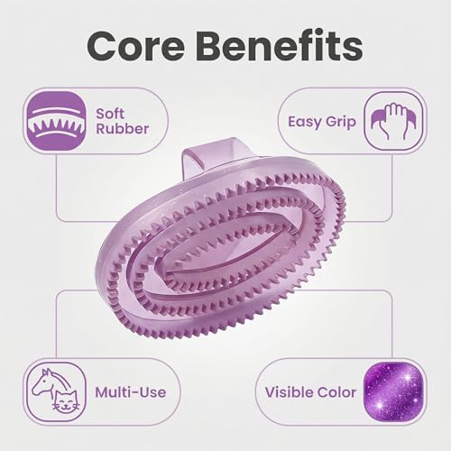 Rubber Curry Brush Purple Flexible Grooming Tool for Horses and Dogs, Comfortable Hand Strap, Helps Lift Loose Hair, Rinses Clean, Easy Grip - color: Purple