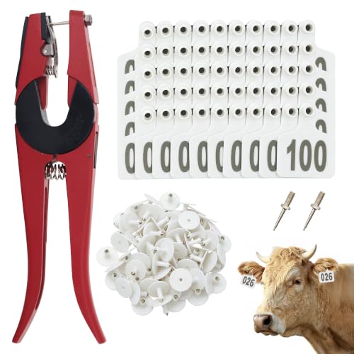 100 PCS Cattle Ear Tags Numbered 001-100 with Pliers for Goats Sheep Pigs - color: White