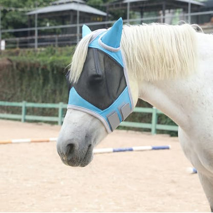 Horse Fly Mask with Ears, Breathable Fine Mesh Pale Blue Pony - color: Pale Blue, size: Pony