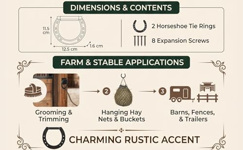 CHICIRIS Horse Hitching Ring Horse Tie Ring Cross Tie Set of 2 Solid Steel Rustic Black Coated with 8 Expansion Screws for Stall Stable Supplies