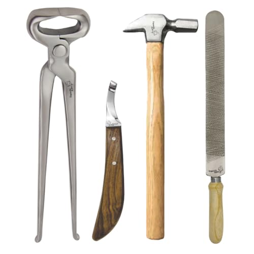 Farrier Hoof Trimming Kit 4 PCS – 15" Hoof Nippers, Hoof Rasp, Knife & Wood Hammer for Horses,Complete Hoof Care Tools Set