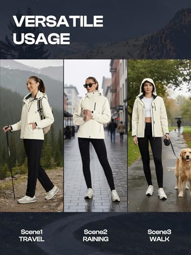 Womens Waterproof Rain jacket Lightweight Raincoat with Removable Hood - color: Cream, size: Small