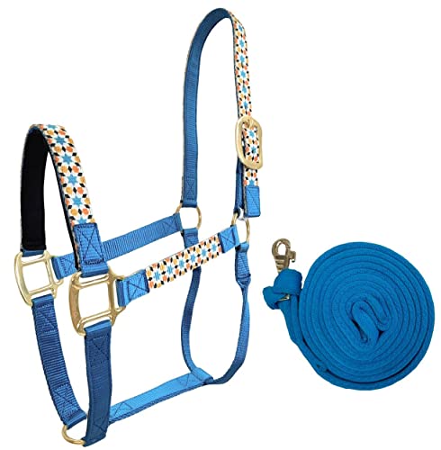 Patterned Nylon Horse Halters with Padded Noseband and Matching 10’ Soft Grip Lead Rope - 6 Month Warranty - color: Geometric on Hurricane Blue Nylon