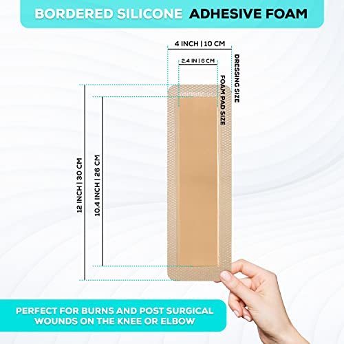 MedVance Silicone Foam Adhesive Dressing with Border, 4"x12", Box of 10 | Sterile And Individually Wrapped - Highly Absorbent & Medical Grade - Promotes Faster Healing - Breathable And Waterproof