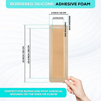 MedVance Silicone Foam Adhesive Dressing with Border, 4"x12", Box of 10 | Sterile And Individually Wrapped - Highly Absorbent & Medical Grade - Promotes Faster Healing - Breathable And Waterproof