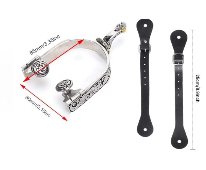 Western Cowboy Spurs, Paired with 6 Holes Spurs Belt, Stainless Steel Western Horse Spurs with Rotatable Gear, Leather Spur Straps Retro Fine Workmanship Men Women Horse Boot Spurs for Equestrian