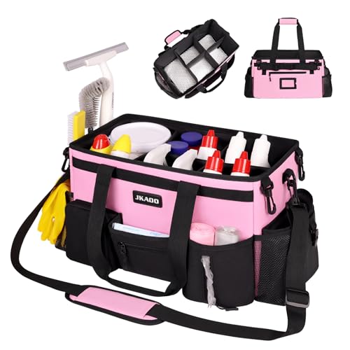 JKAOO Large Wearable Cleaning Caddy Bag with Handles, Pink | Adjustable Shoulder & Waist Straps, Removable, Waterproof Tote for Cleaning Supplies, Home, Car, Office - color: Pink