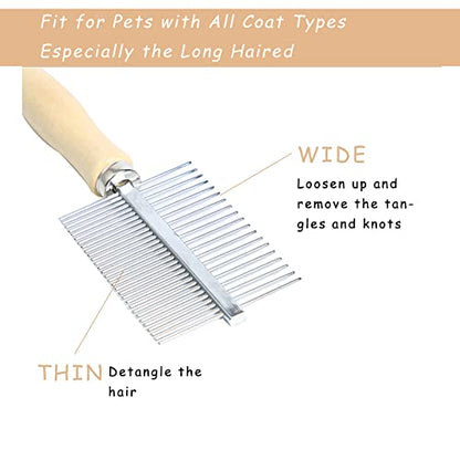 Dog Cat Pet Comb Double-Sided Grooming Brush Metal Comb for Loosening up Removing Mats Debris Tangles and Knots Wooden Handle Stainless Steel Tooth Perfect for Honghair Pets - color: Double-Sided Teech