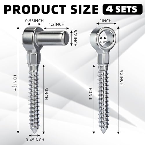 Zonon One Piece 304 Stainless Steel Gate Hinges Set, Eye Hinge and Pin Hinge, Screw Hinges to Mount for Wooden Gates Fences with Hole Dia 5/8'', Silver (4 Pairs)
