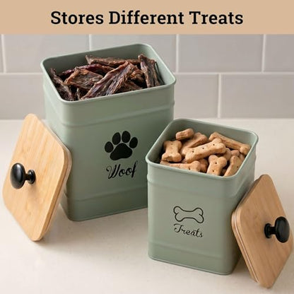Dog Treat Container Set of 2 with Airtight Bamboo Lids - 8x6 & 7x5 inch | Fits All Popular Treats, Up to 20 Cups Combined Capacity, Airtight Bamboo Lid, Easy Open Lid, Dent-Resistant Durable Metal - color: Sage Green - Large