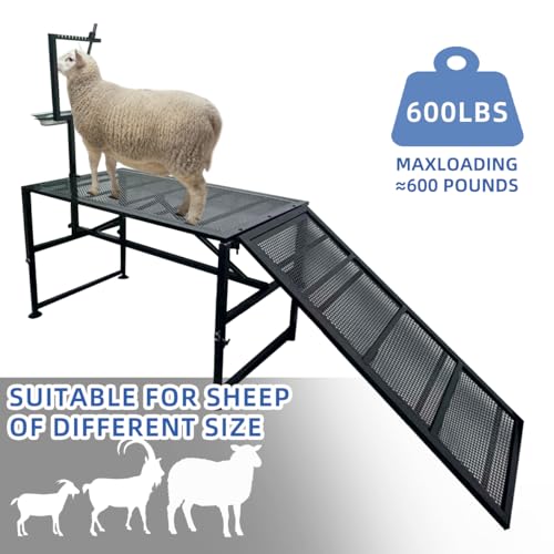 600LBS Goat Milking Stand, Adjustable Height 18.8–28.8", Non-Slip Ramp Livestock Care Stand, Metal Goat Sheep Milking Grooming Hoof Trimming Station with Ramp and Feed Bin for Farm Daily Maintenance