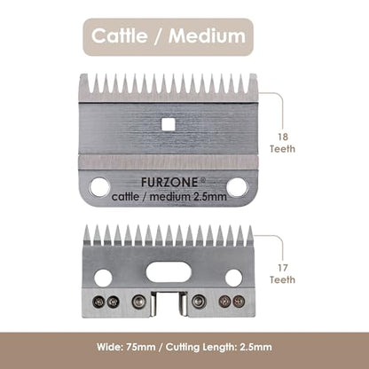 FURZONE A2 Large Animal Clipper Blade (Cattle/Medium) - 2 in 1 Set (18&17 Teeth), Cattle Grooming Replacement Blade, Professional Stress-Free Grooming, 3/32-inch/2.5mm Cut Length - size: Cattle/Medium 2.5mm