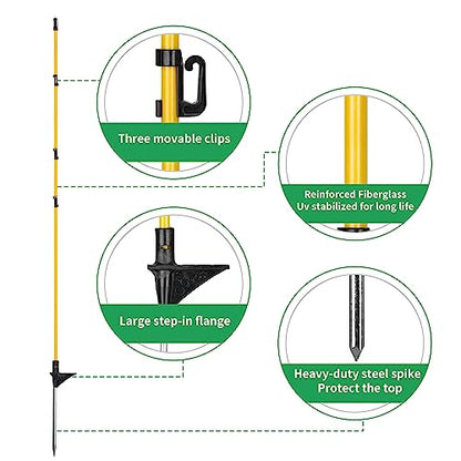 20-Pack 46" Fiberglass Step-in Electric Fence Posts | Adjustable Clips · Metal Spikes · For Patio, Gardens, Lawns & Temporary Fencing