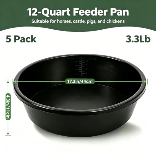 5 Pack Rubber Feed Pan, 12 Quart/3 Gallon Large Capacity Livestock Feeding Pan, Heavy Duty Durable Farm Feeding Tub for Horse, Goat, Pig, Dog and Poultry, Farm Supplies, Black