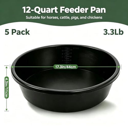 5 Pack Rubber Feed Pan, 12 Quart/3 Gallon Large Capacity Livestock Feeding Pan, Heavy Duty Durable Farm Feeding Tub for Horse, Goat, Pig, Dog and Poultry, Farm Supplies, Black