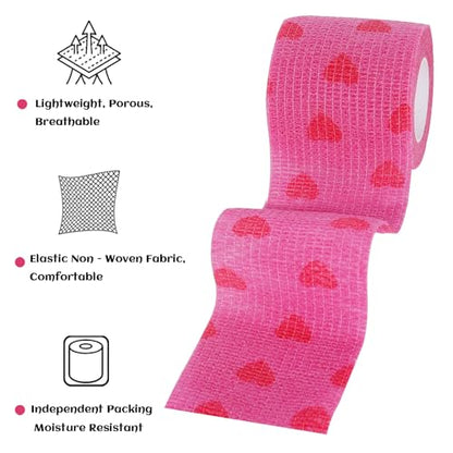 24 Rolls Elastic Self Adhesive Bandage Wrap 2 inch, Breathable Non Woven Cohesive Bandage, Vet Wrap for Dogs, Ankle Sprains Swelling Tape, Sports Athletic Tape (Pink Heart) - color: 2 Inch-24 Count Pink Heart