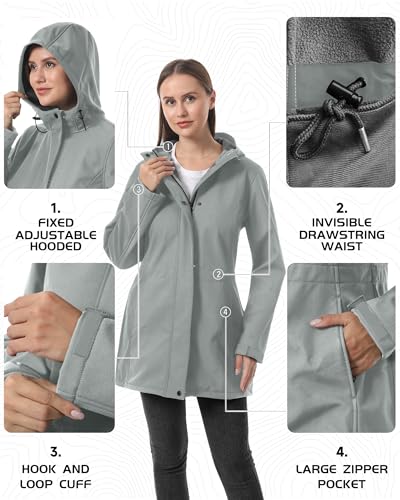 iCreek Women's Waterproof Softshell Rain Jacket Fleece Lined Hood Long Coat - color: Light Grey, size: Medium