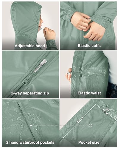 33,000ft Women's Waterproof Long Rain Coats Packable Rain Jacket with Hood - color: Green, size: Medium