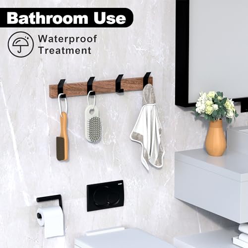 17 Inch Black Walnut Wood Wall Mounted Coat Rack with 4 Black L Hooks, Adhesive Mounted Entryway Hooks, Modern Natural Wooden Pegs for Hanging Coat Clothes Hat Bag Purse Key and Towel - color: Coat Rack with 4 L Hooks