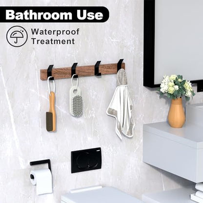 17 Inch Black Walnut Wood Wall Mounted Coat Rack with 4 Black L Hooks, Adhesive Mounted Entryway Hooks, Modern Natural Wooden Pegs for Hanging Coat Clothes Hat Bag Purse Key and Towel - color: Coat Rack with 4 L Hooks