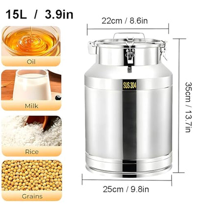 Food Grade 304 Stainless Steel Milk Can with Locking Airtight Clamp Lid Carry Handle, Large Airtight Storage Bucket Canister for Rice Flour Grain Oil Wine Liquid Dairy Transport 15L (3.9 Gal) - size: 15L