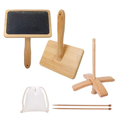 6Pcs Larger Wool Carder with Turkish Spindle Kit, Needle Felting Tools Drop Spindle Kits with Wool Weaving Spinning Wheels for Beginners Gifts