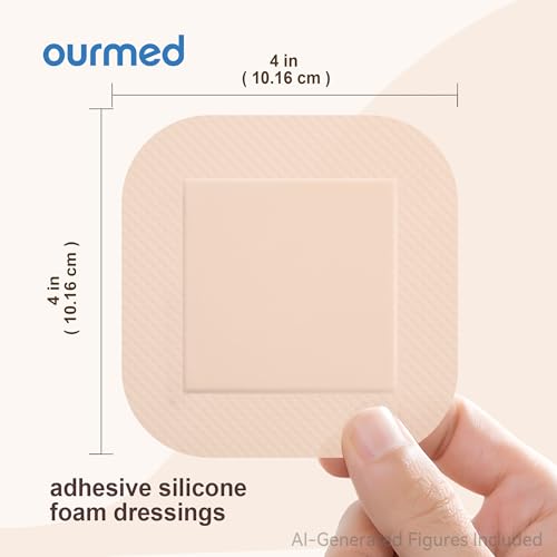 Ourmed Soft Flex Silicone Foam Dressings(4"x 4", Pack of 10) Sterile, Highly Absorbent, Waterproof, Gentle Border, Wound Care for Bed Sores, Pressure Ulcers - size: 4x 4 Inch with border