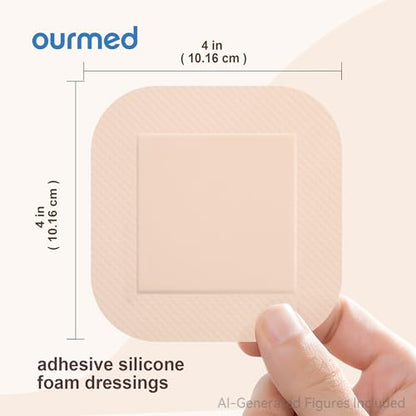 Ourmed Soft Flex Silicone Foam Dressings(4"x 4", Pack of 10) Sterile, Highly Absorbent, Waterproof, Gentle Border, Wound Care for Bed Sores, Pressure Ulcers - size: 4x 4 Inch with border