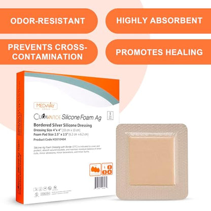 CuraVance Silicone Bordered Dressing with Silver, Absorbent 4"x4", Box of 5 | Sterile And Individually Wrapped - Silver Ag Dressing Pads - Antimicrobial & Odor-Resistant, Highly Absorbent & Medical Grade - size: 5 Count (Pack of 5), style: 4"x4" Silver