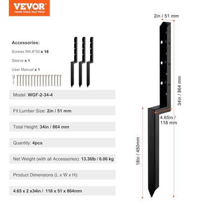 VEVOR Fence Post Anchor, 4 Pack Repair Kit Inner Diameter 2 x2 Inches Heavy Duty Steel Fence Post Support Stakes, Anchor Ground Spike for Repair Tilted, Broken Wood Post - size: 4PC 34x2x2 Inches