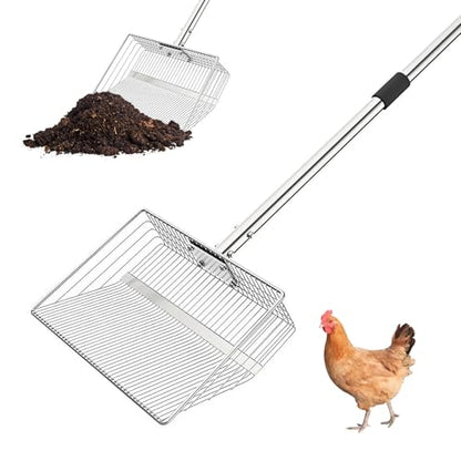 Garvee Chicken Poop Scooper Adjustable 24" to 72" Long Handle Chicken Coop Rake for Pet Waste Cleaning,Stainless Steel Handle Litter Scooper & Sifting Shovel for Chicken Coops