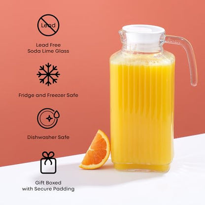 JoyJolt 60oz Glass Pitcher with Lid (2 Lids) - Beverage Serveware and Storage Container for Cold Drinks and Liquids. Juice Container, Water Jug, Fridge Pitcher for Iced Tea or Milk - size: 60 Ounces