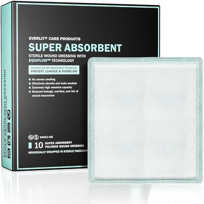 EVERLIT CARE EquiFlow Super Absorbent Dressing for Heavily Exuding Wound | Fast-Absorbing Non-Adhesive Polymer Dressing with Nonstick Gauze Pad | High Absorption & Retention | Pack of 10 (6" x 6") - size: 6" x 6"